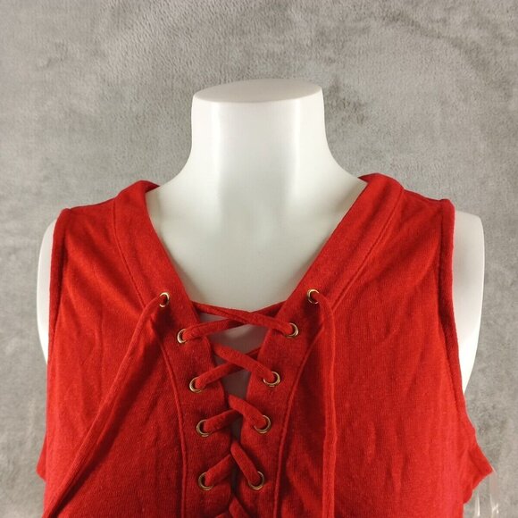 NWT INC Linen Blend Sleeveless Petite LARGE Top Henley lace Up Red Knit - Picture 3 of 11